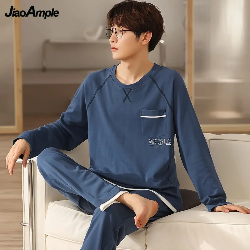 100% Cotton Pajamas Men's O-Neck Long-sleeved Trousers Pijamas Two-piece 2022 Sprin  Fall New Casual Sleepwear Home Clothes Suit