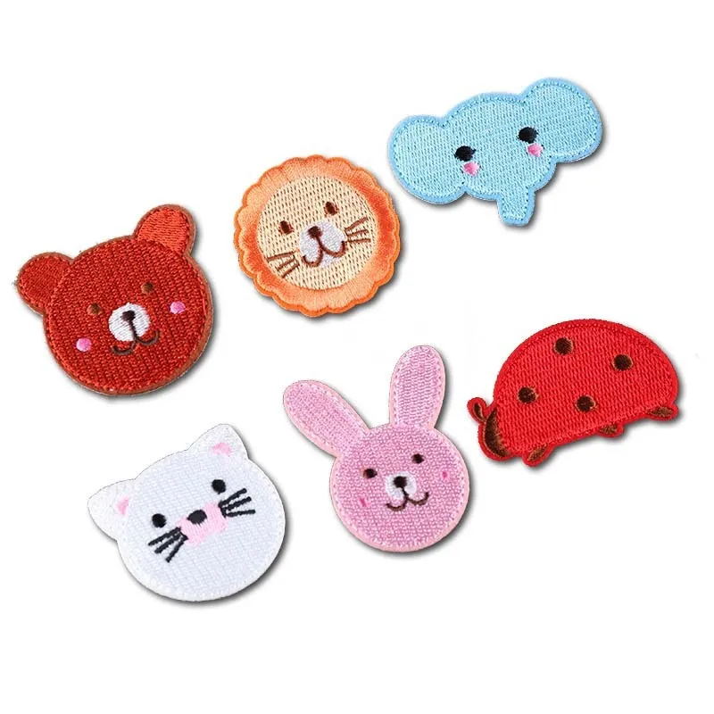 

A set of 6 cartoon animals cat rabbit elephant lion head embroidery patch cloth stickers DIY children's T-shirt gloves socks
