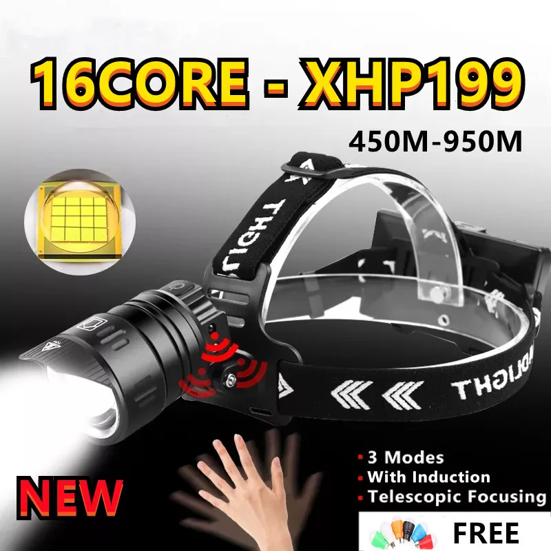 2021 новый мощный светодиодный налобный фонарь XHP199 с ИК датчиком USB зарядка XHP160