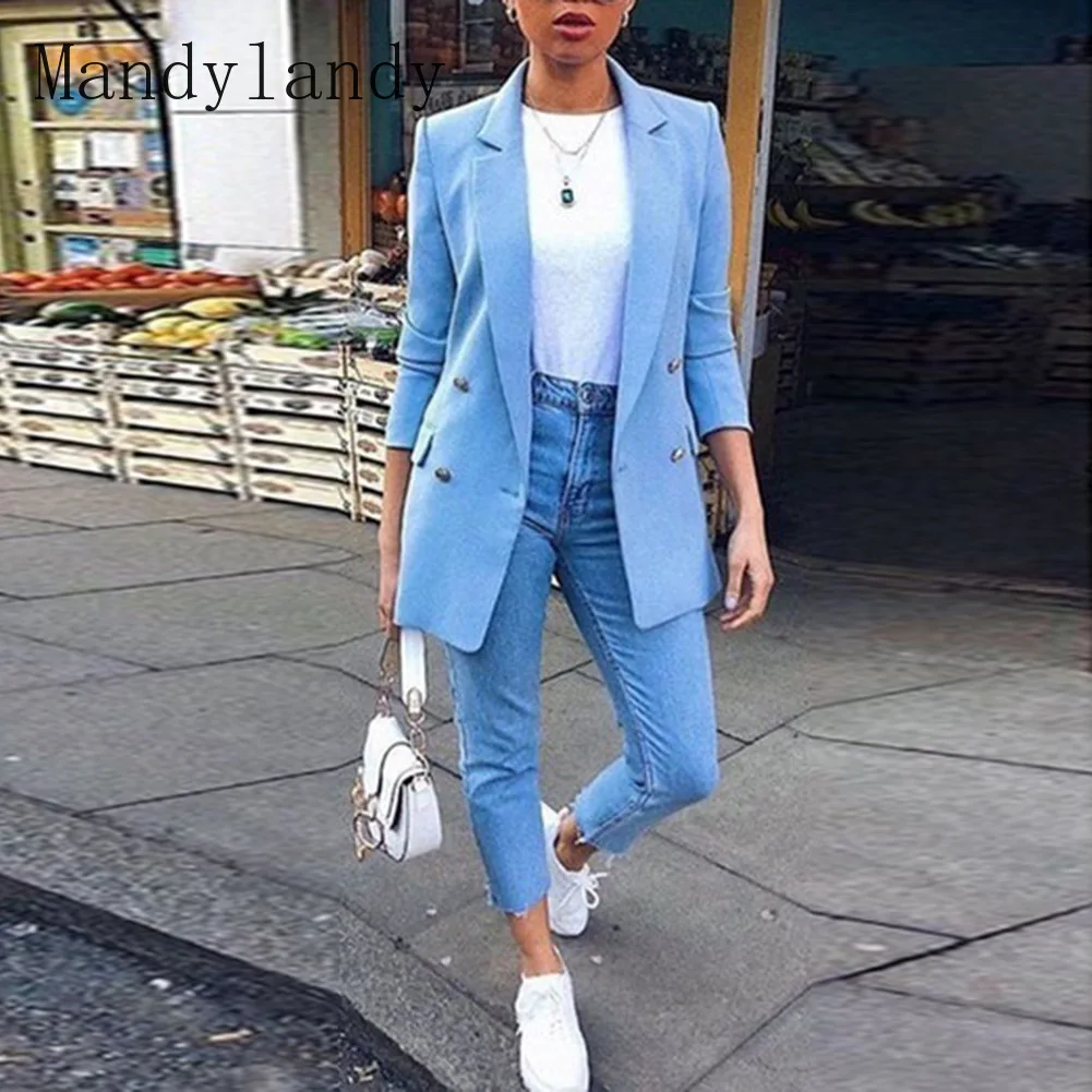 

WEPBEL Women's Fashion Cardigan Long Blazers Jacket Autumn Winter Casual V-Neck Long-Sleeved Double-breasted Slim Blazers