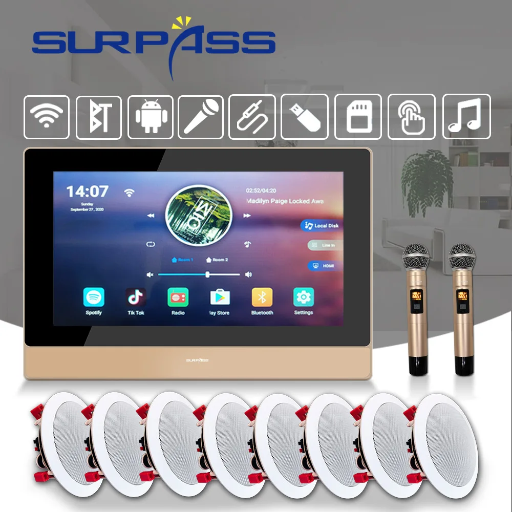 저렴한 터치 스크린 벽 앰프 블루투스 와이파이 안드로이드 8.1, 천장 스피커 무선 마이크 스테레오 홈 시어터 가라오케 오디오