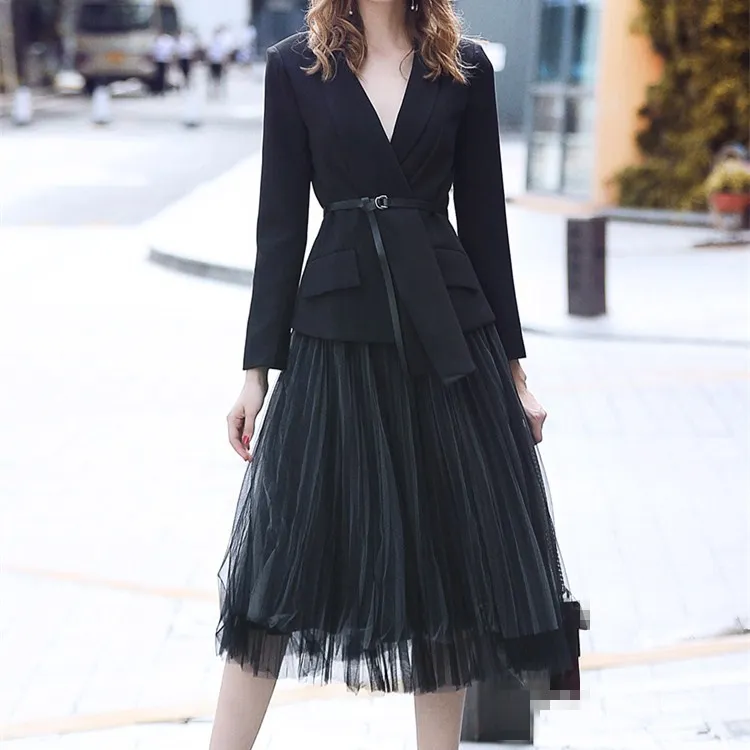 Женский черный комплект из двух предметов Осенний ассиметричный пиджак с