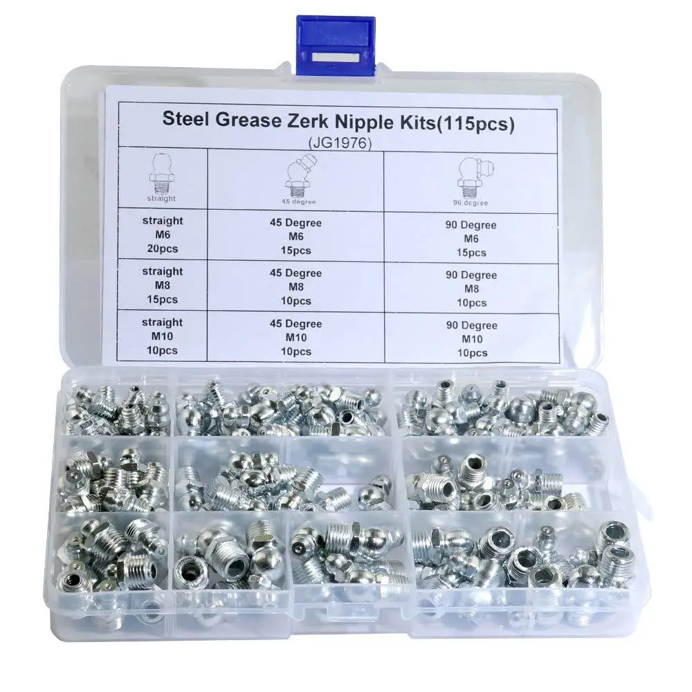 

115Pcs M6/M8/M10 Metal Brass Zerk Grease Nipple Fitting Hardware Assortment Kits