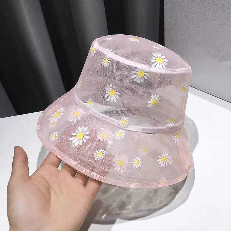

Daisies Embroidered Buckets Hat Women Transparent Lace Flower Beach Panama Hats High Top Snapback Fashion Daisy Sun Cap Summer