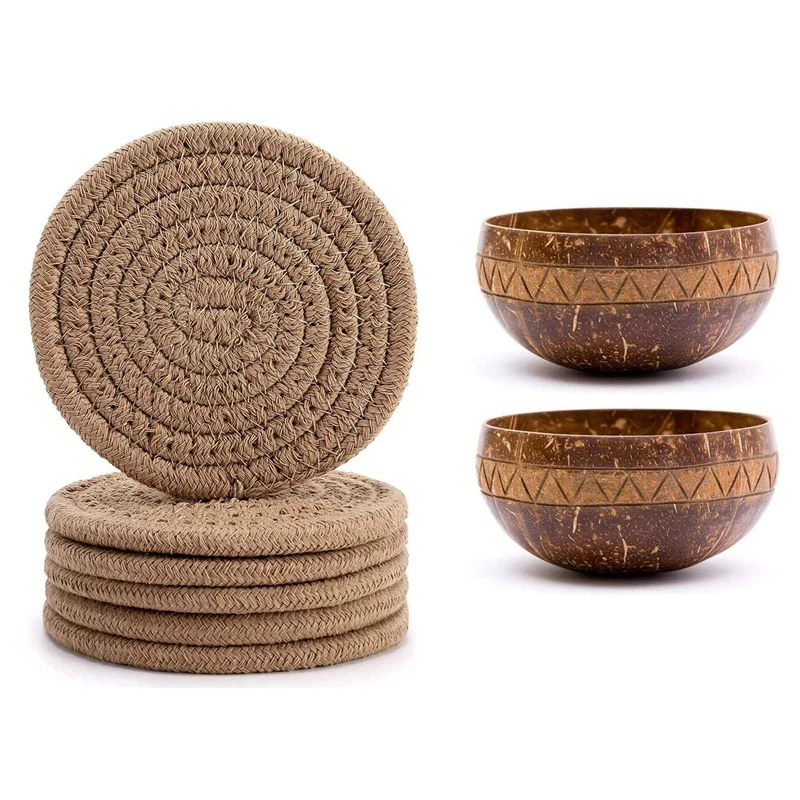 

6Pcs Braided Drink Coasters 4.3Inch & 2X Handcarved Zigzag Coconut Bowl,Vegan Organic Salad Smoothie Buddha Acai Bowl