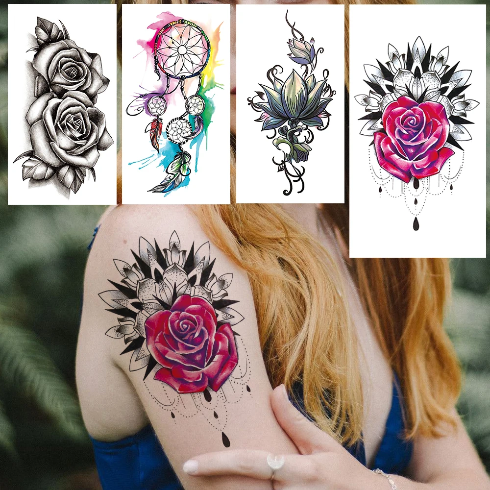 

Rose Henna Flower Temporary Tattoo For Women Girls Large Dreamcatcher Fake Tattoos Sticker Gold Lotus Tatoos Body Arm Thigh Draw
