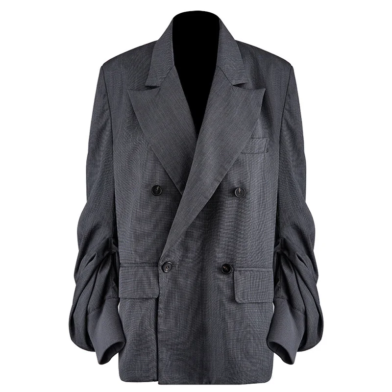 

DEAT Women Gray Casual Ruched Blazer New Notched Collar Long Sleeve Loose Fit Jacket Fashion Tide Spring Autumn 2021 GX935