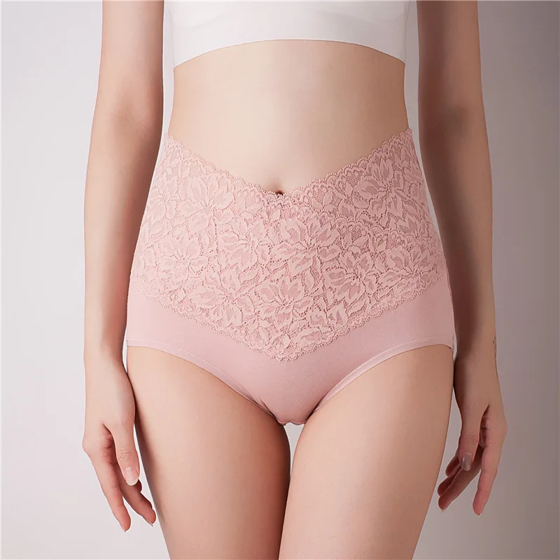 

Hot sale high-waist characteristic V-neck pure cotton panties belly-up hips lace briefs ladies sexy solid color underwear
