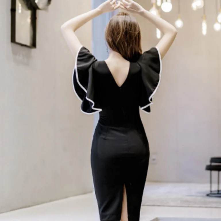 2019 Summer Office Lady Dress Black Small Sexy V-Neck Sleeveless Ruffles Decoration High Waist Elegant Party Women AQ58 | Женская одежда