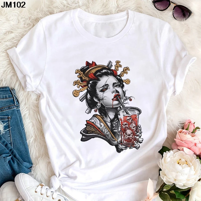 

New Women's T-shirt Fashion Skeleton Girl Print Ladies T Shirt Summer Harajuku Streetwear Art Pattern Short Sleeve Female Tshirt