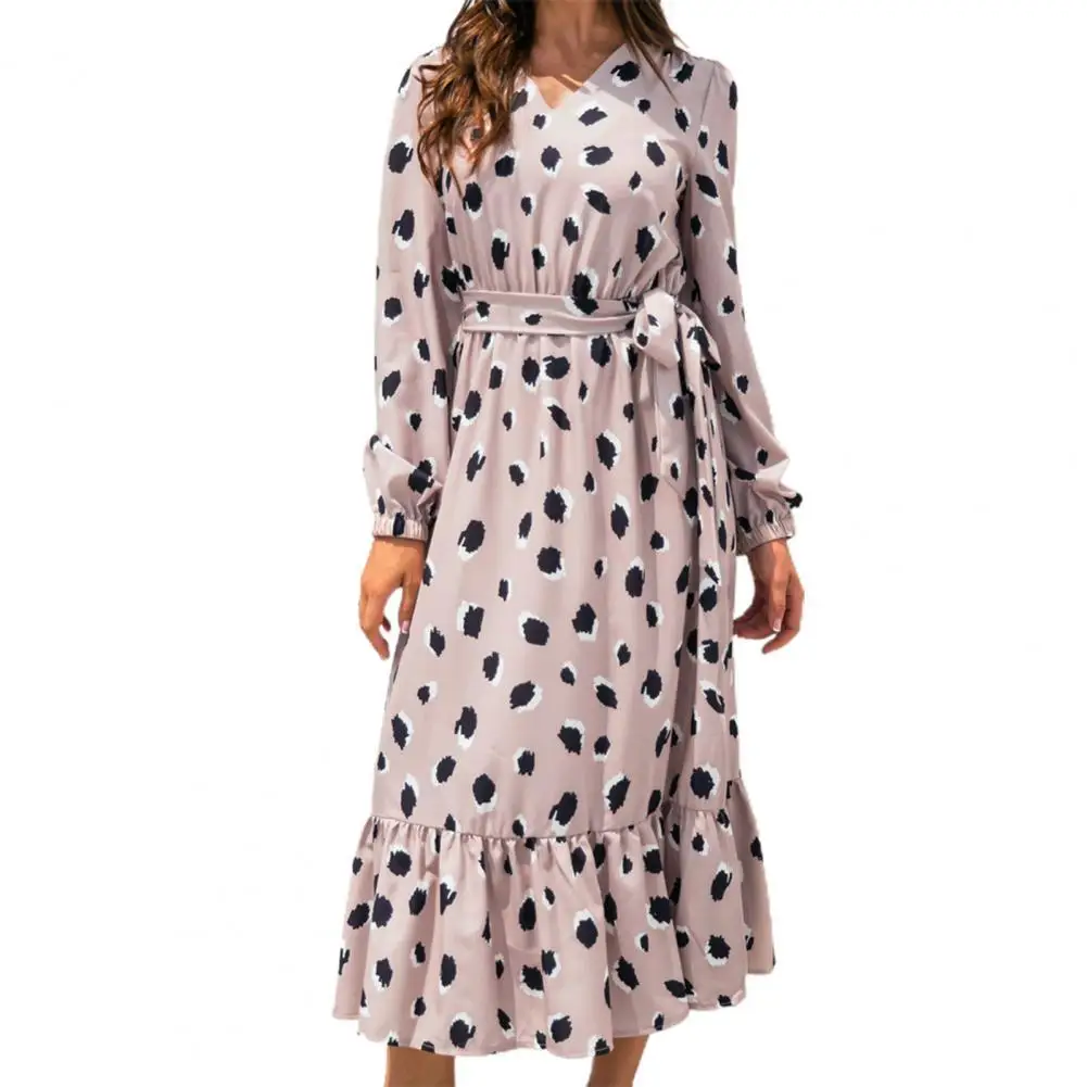 

Dot Print Ruffle Large Hem Midi Dress Elegant V Neck Puff Long Sleeve Autumn Dress Sundress Casual Women's Clothing Black xl