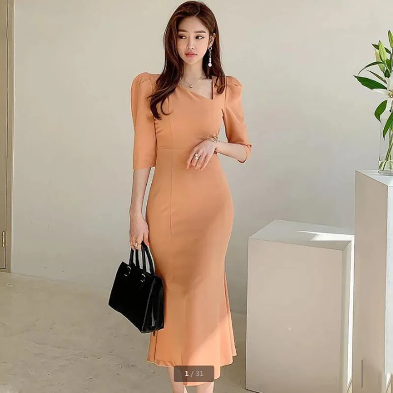 

QIUBENLIZI Vintage Mermaid Dresses Women V-neck Pencil Dress Elegant Korean Simple Bodycon Work Office Vestidos 2021 New Summer