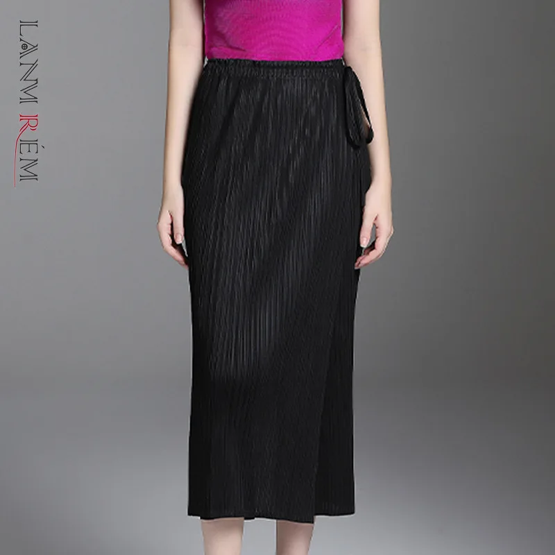 

LANMREM 2021 autumn Pleated New Fashion Bandage Fake Two-piece Casual Elastic Waist Trousers Female's calf length Pants YF775