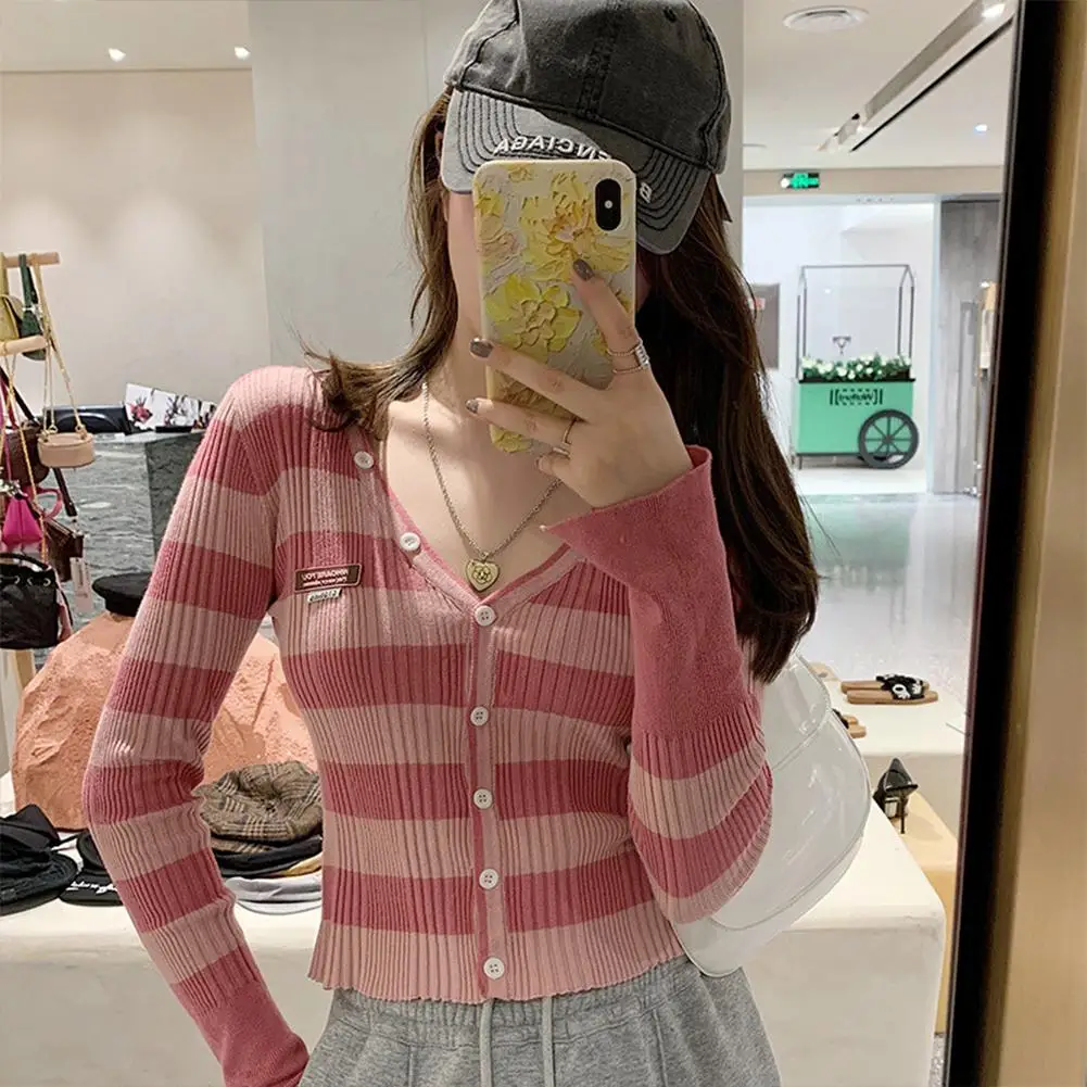 

Women Knitted Cardigans Sweater Tops Lady Striped Color-blocking V-neck Long-sleeved Split Cuff Slim Cardigans Jacket