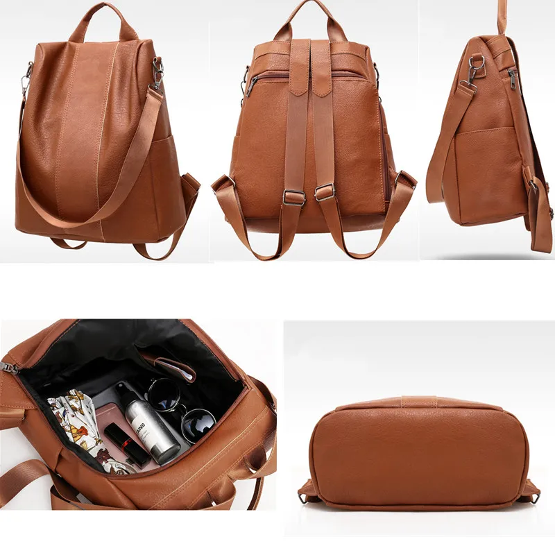 

Female Anti-Theft Backpack Classic Pu Leather Solid Color Backpack Fashion Shoulder Bag