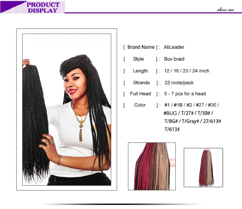 Alileader Hot Sale Box Braids Hair 12 16 20 24 30 Inches 22 Roots/Pack Crochet Synthetic More Durable Soft Natural |