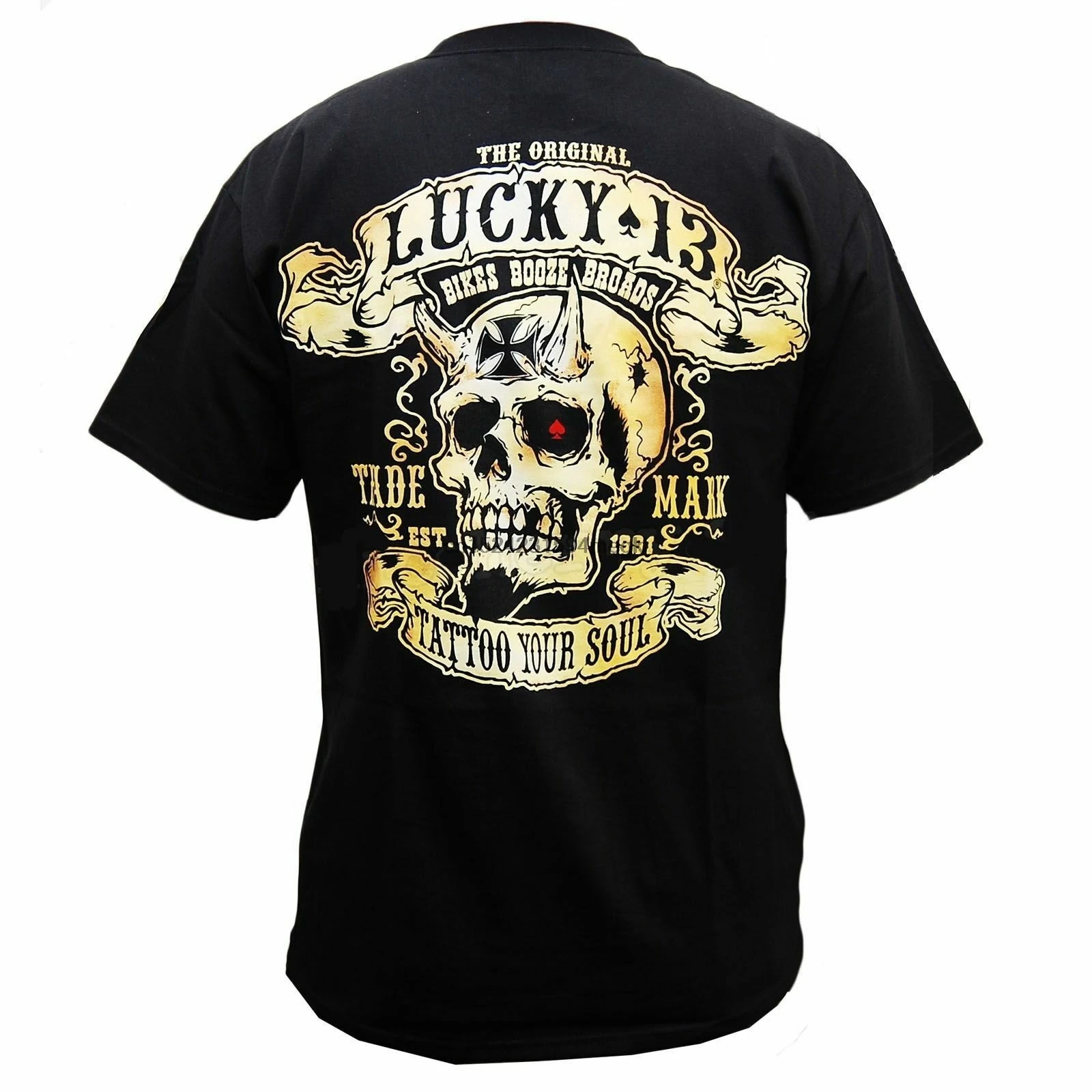 

Lucky 13 t shirt men booze broads bikes skull motorcycle hot rod tattoo s-4xl
