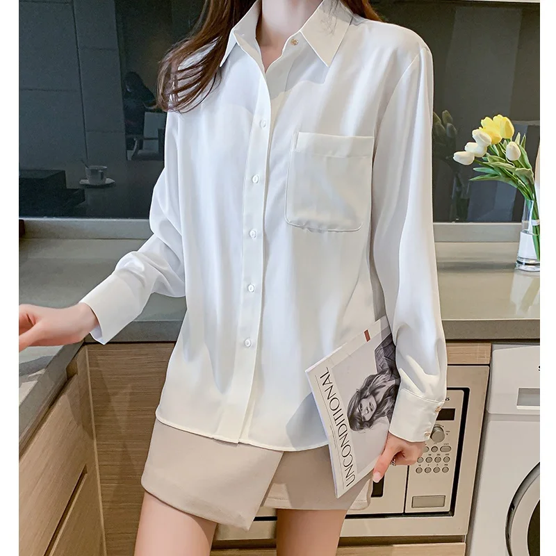 Plus Size Womens Blouse Tops Lapel Pocket Shirt Long Sleeve Top Solid Color Fashion Women Clothes