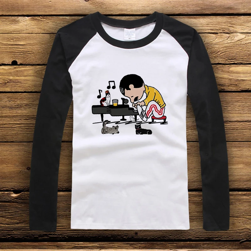 Футболка с длинным рукавом Фредди Меркурий играть на пианино кошка Забавные