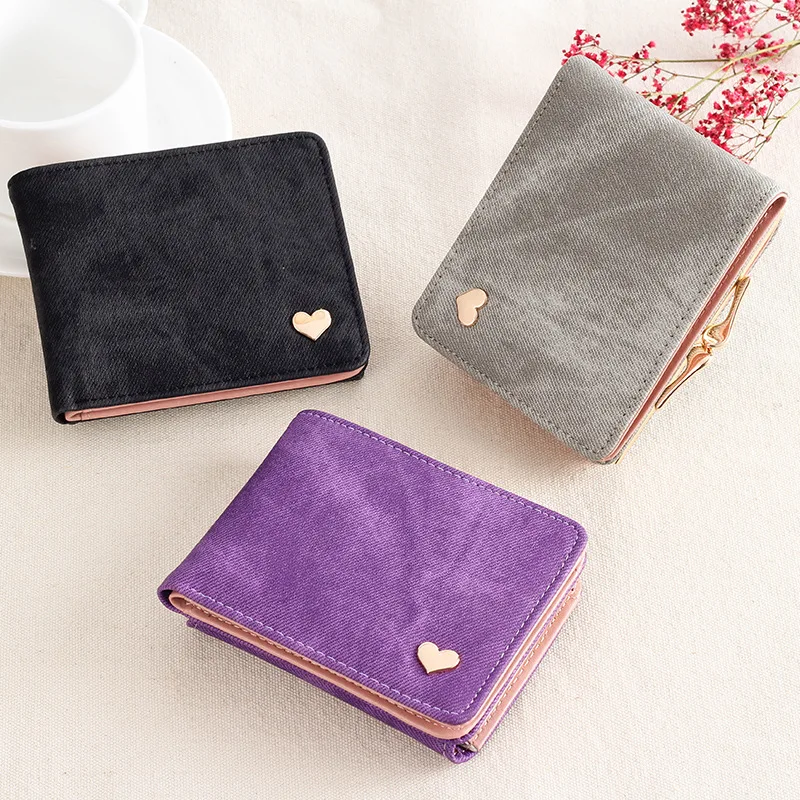 

Women Small Cute Wallet Heart-Shaped Imitation Denim PU Leather Hasp Coin Purse Credit Card Holder Mini Money Bag Short Wallets