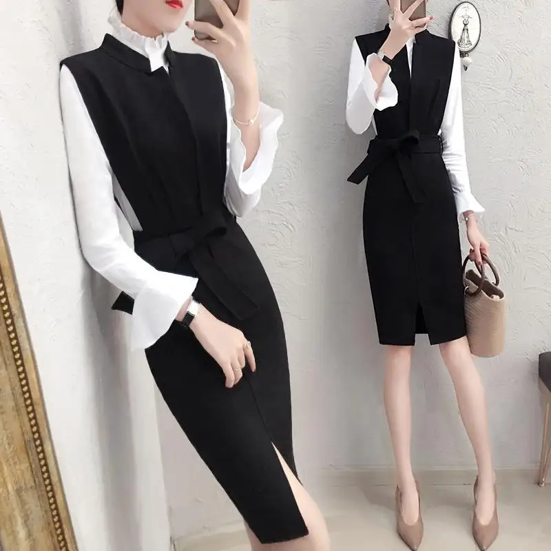 

2PCS Women Spring and Autumn Fashion Set Female Dress Suit Black Dress + White Blouse Outfit Office Clothes