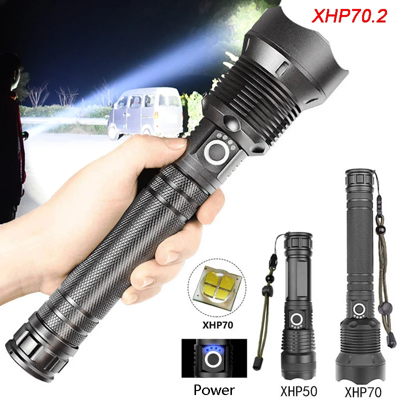 

90000 lm High Power Flashlight Ultra Powerful Rechargeable LED Torch XHP70.2 Tactical Lamp 18650 or 26650 Battery XHP50 Lantern