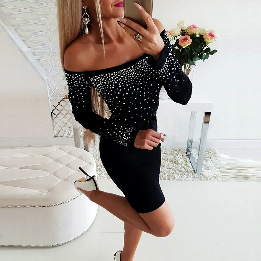 Сексуальное платье с открытыми плечами, вечерние платье Для женщин Bodycon осеннее платье с длинными рукавами ярких блестящее платье сплошной цвет Горячая Дрель платья Vestido Robe Femme