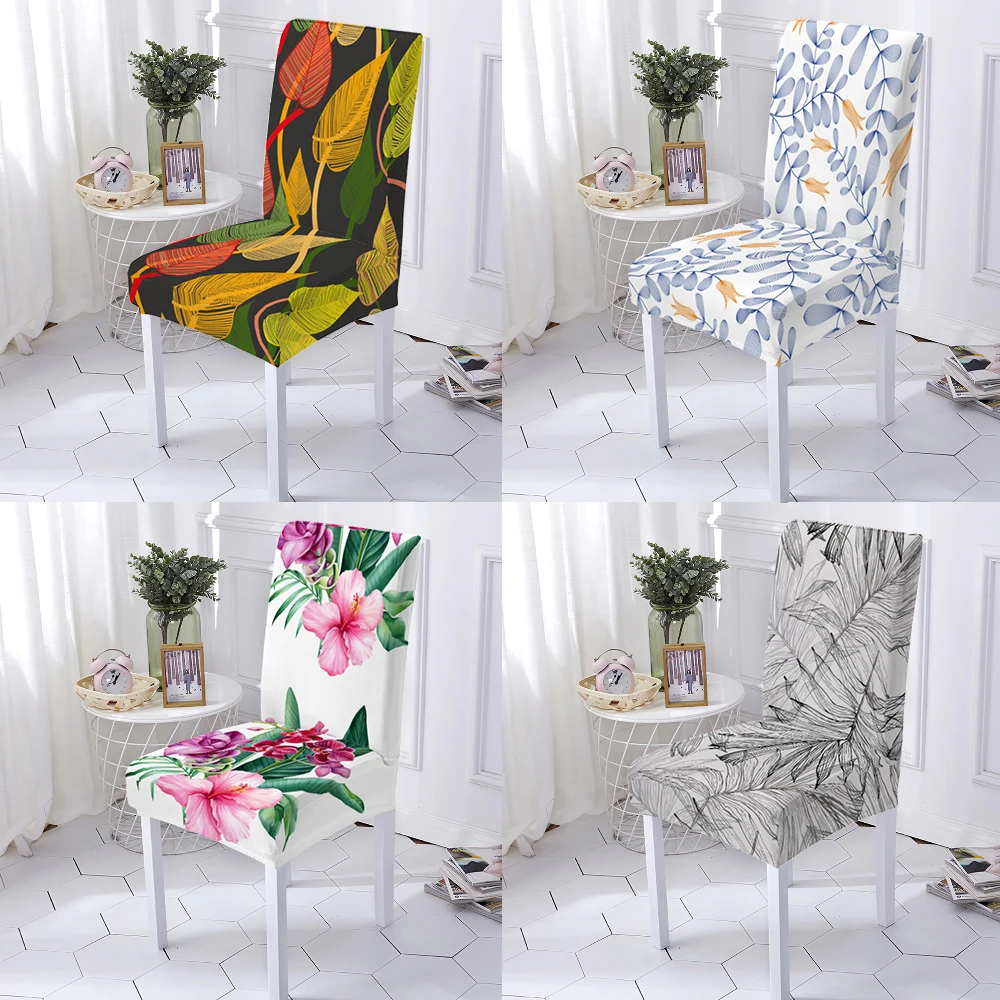 

Green Plants Elastic Chair Covers Material Chaise Removable Seat Cover 1/2/4/6Pcs Stretch Dinner Room Anti-Dirty Kitchen
