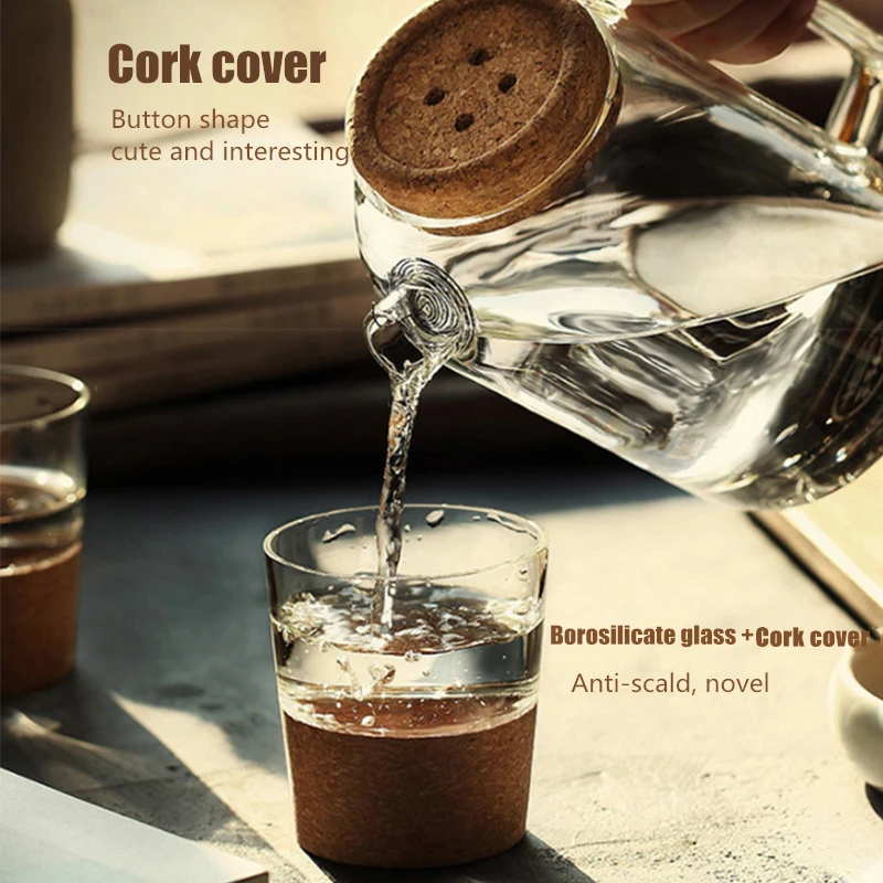 Стеклянный пробковый чайник YMEEI с деревянной крышкой термостойкий для холодного