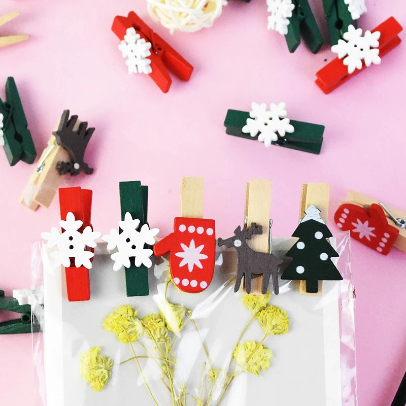 20Pcs/Lot Christmas Tree Elk Goves Wood Clips Snowflake Mini Wooden Clothes Photo Frame Paper Peg Pin Clothespin Craft | Дом и сад