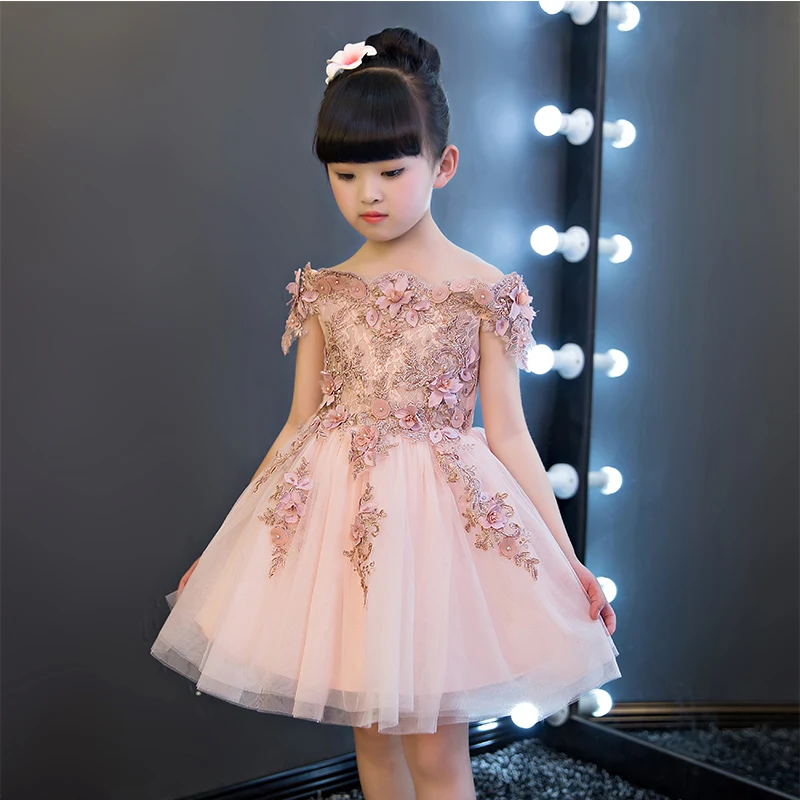 pink short style Длинное платье с цветочным узором для девочек, украшения бисером Новое платье для свадебной вечеринки для девочек Детские платья принцессы с открытыми плечами - Цвет: pink short style