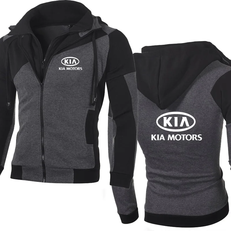 

Fashion Men's Fake Two KIA Car Logo Printing Spring Autumn Cotton Casual Stitching Sport Jacket High Quality Men's Zip Hoodie