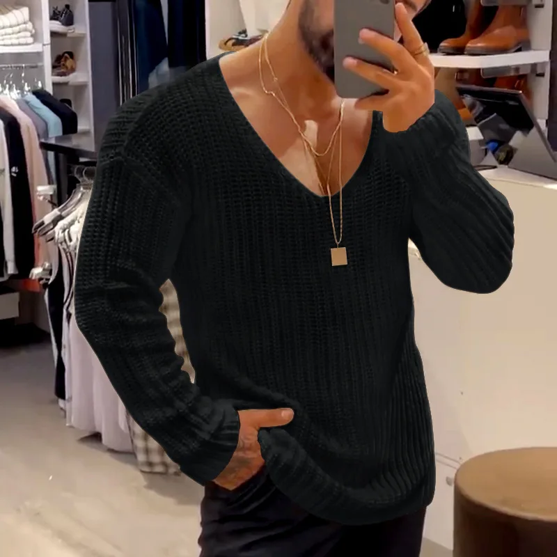 

Gentleman Simple Solid V Neck Knitted Sweater Men Autumn Winter Daily Long Sleeve Jumper Top Casual Loose Male Knitting Pullover