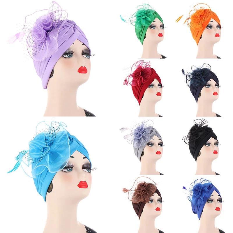 

Muslim Hijabs Cap Women Head Scarf Fashion Big Flower Turban Hat India Cap Bonnet Solid Color Head Cover Hair Accessories