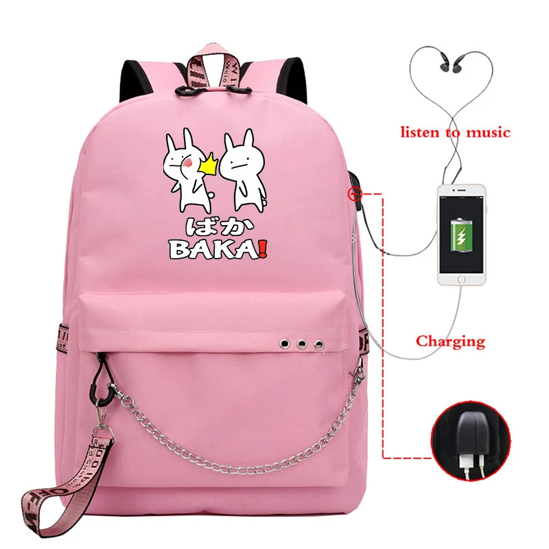 

Baka Rabbit Slap USB Backpack School Casual Book Bags Fans Travel Bags Laptop Chain Backpack Headphone Women School Bags Mochila