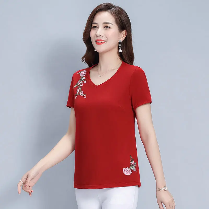 

Women Summer Stitchwork Blouses Red Navy Blue Peony Flower Embroidery V-Neck Short Sleeve Top Plus Size Clothes XXXXXL XXXXL 2XL