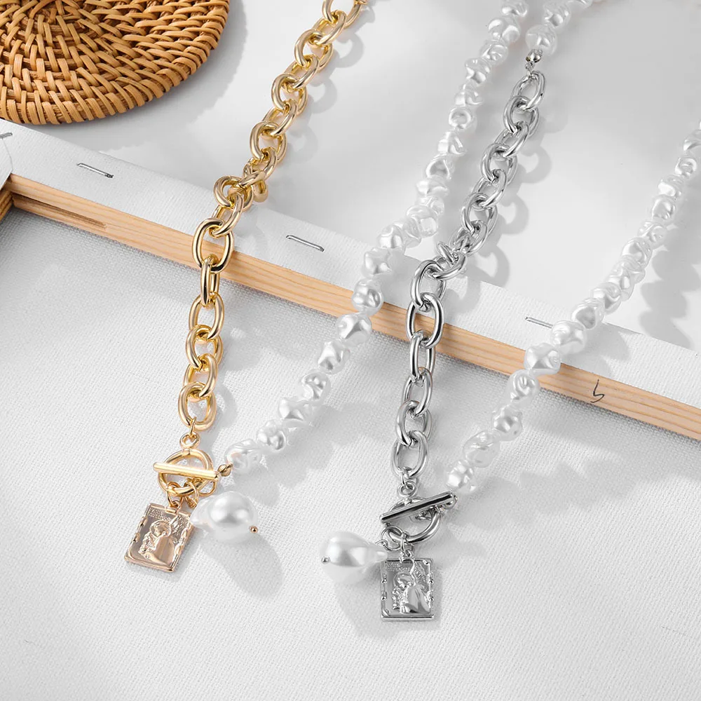 

Punk Baroque Irregular Pearl Necklace For Women Asymmetric Lock Chain Choker Portrait Pendant Necklaces 2021 Trend Jewelry чокер