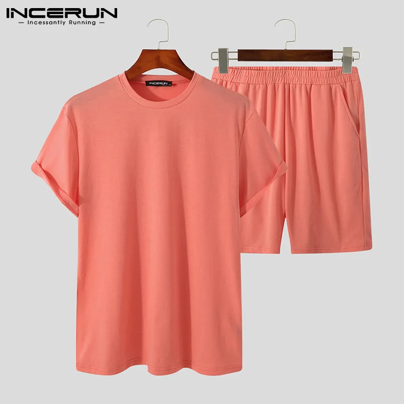 

INCERUN Fashion Men Sets Solid Color Summer O Neck Short Sleeve T Shirt Casual Shorts 2 Pieces Streetwear 2021 Men Leisure Suits