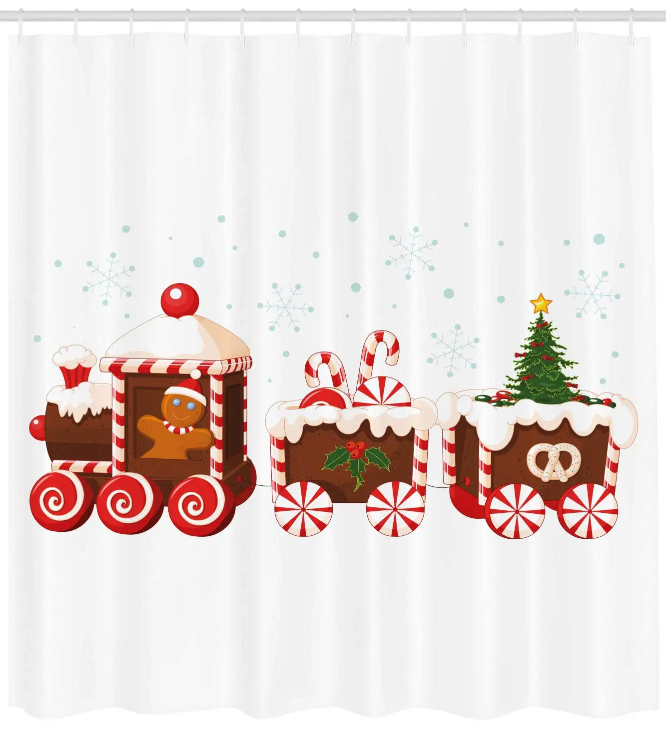 Christmas Shower Curtain Train with Gingerbread Cream Candy Cartoon Toys Snowflakes Presents Bathroom Decor Set | Дом и сад