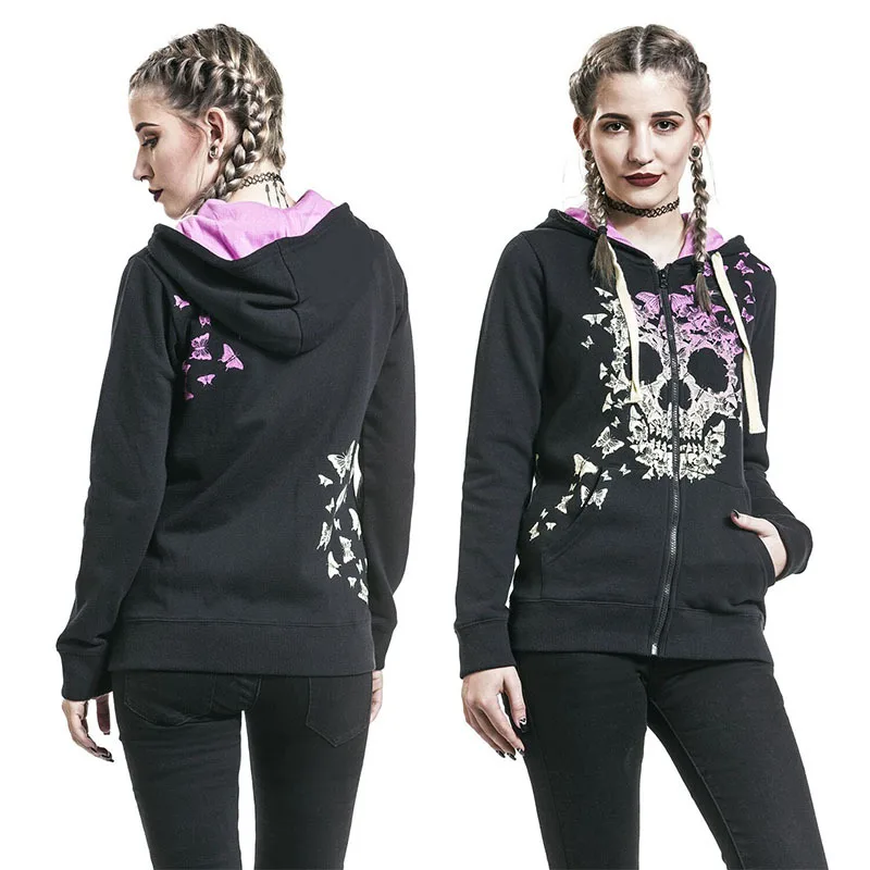 

Lugentolo Skull Zip-up Hoodies Women Fall Streetwear Clothes Long Sleeves Draw String Fleece Sweatershirt