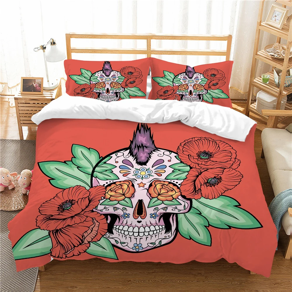 

Комплект постельного белья с изображением черепа и цветов на красном фоне