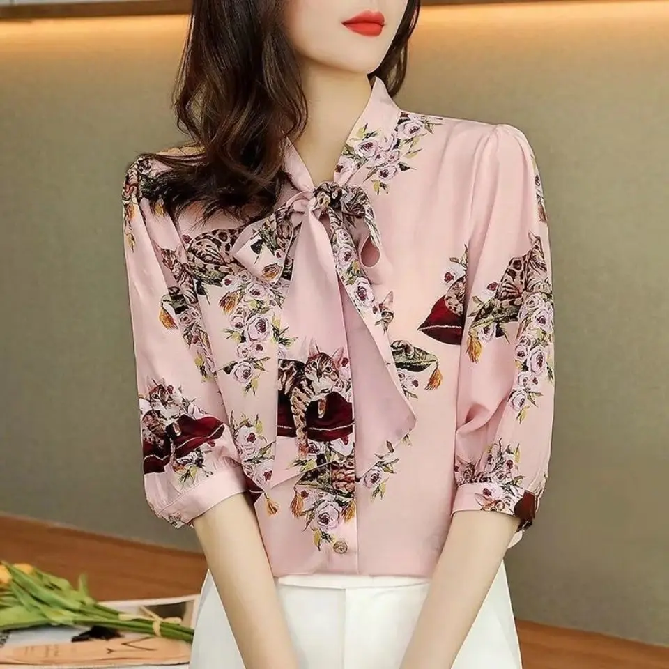 

Fashion Women Chiffon Shirts Spring Autumn Half Sleeve Scarf Collar Blouses Elegant All-Match Femme Loose Blusas Tops MM0773