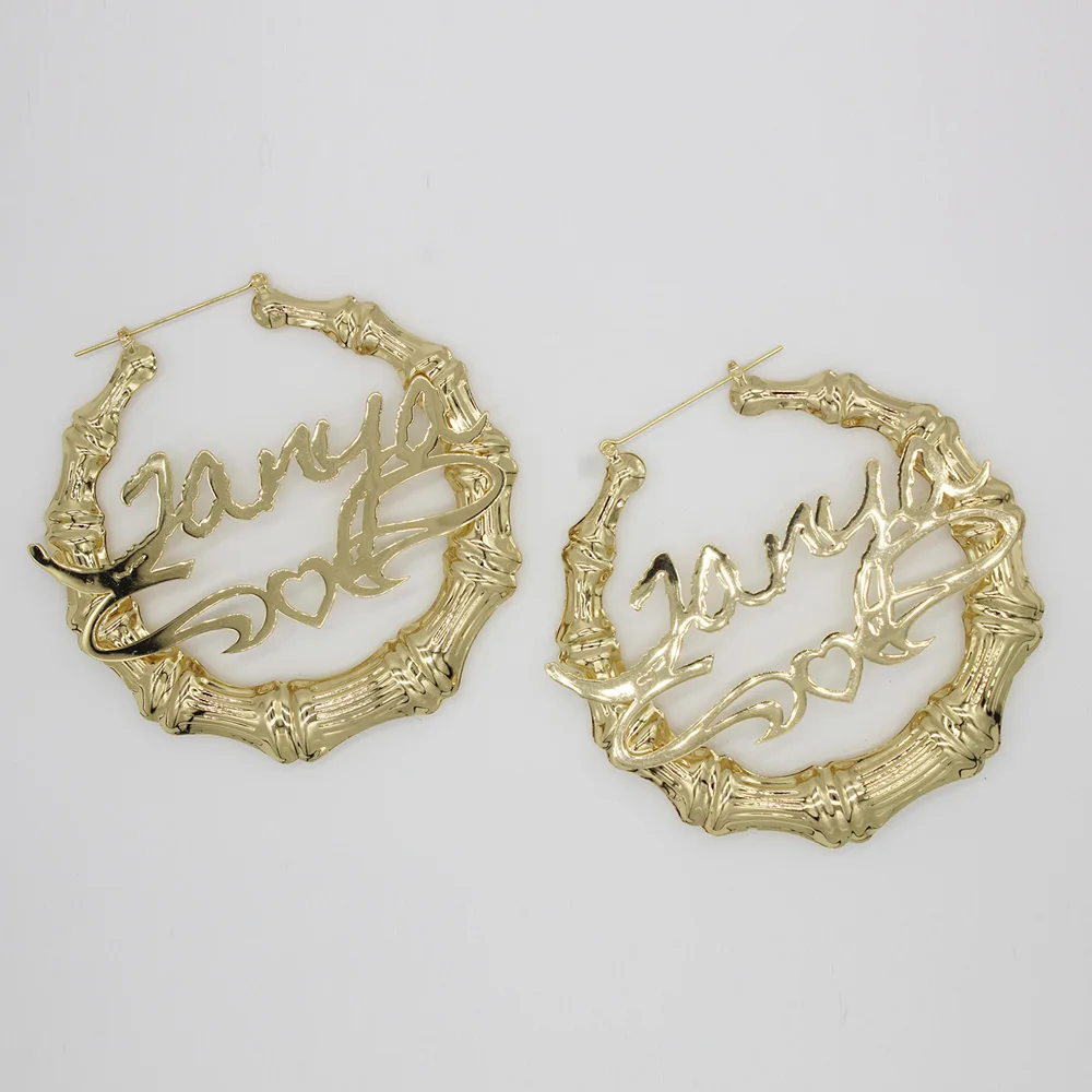 Large Bamboo Earrings Party Name Earrings Personalized Bamboo Heart Hoop Earring Brincos Customize Name Earring Polplar Cережки