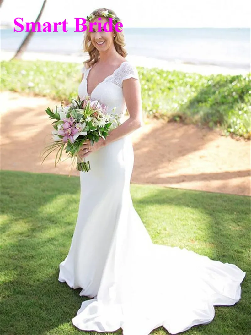 

V Neck Mermaid Wedding Dress for Bride Lace Backless Long White Cap Sleeves Bridal Gowns Elegant vestido de noiva 2020 VS28