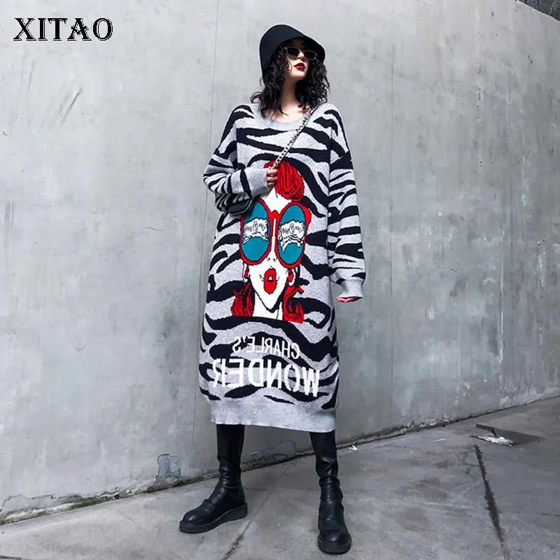 

XITAO Europe Style Zebra Pattern Women Dress Loose Plus Size Long Ladies Dresses Streetwear Trend Wild Women Clothes 2020 XJ2547