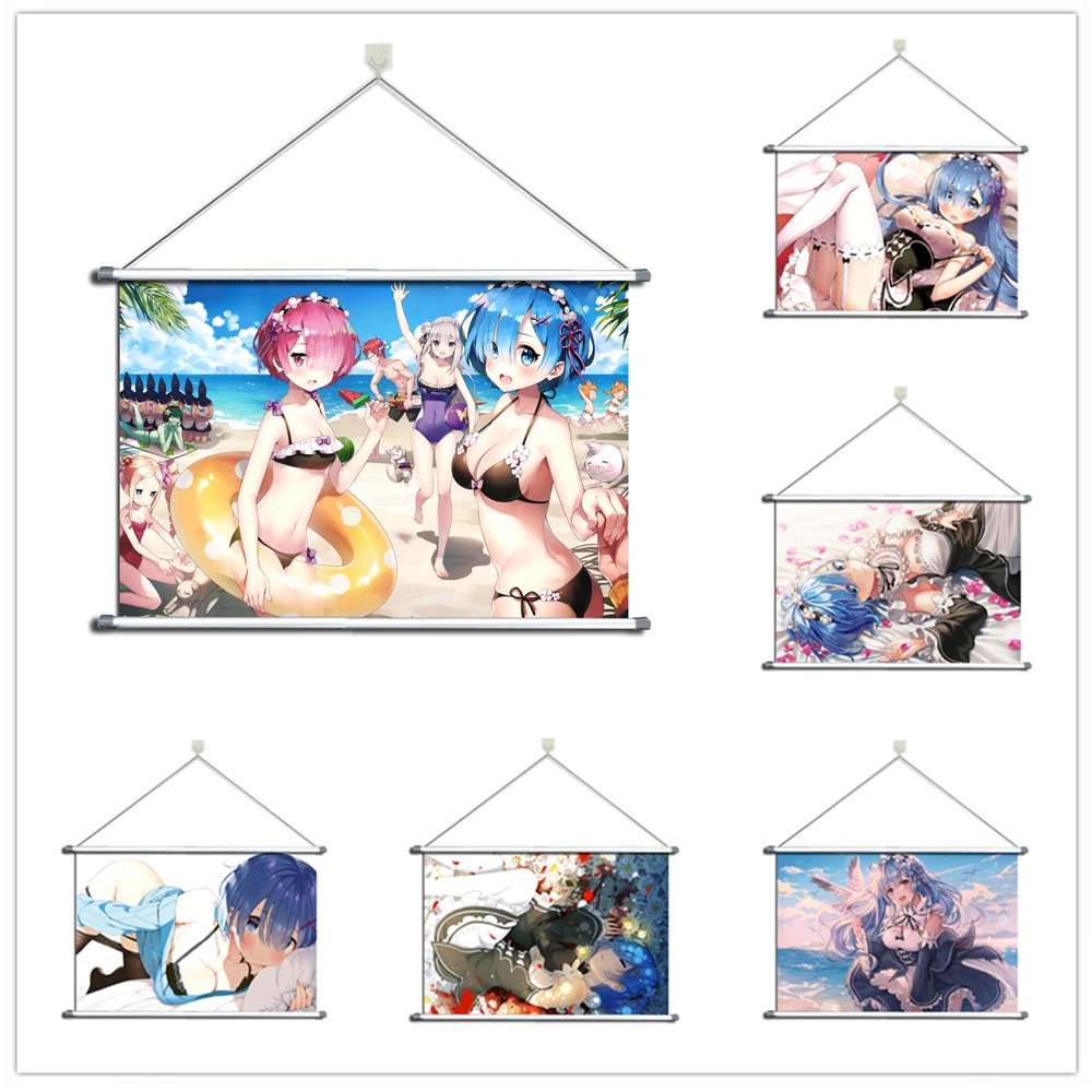 

Anime Re Zero Kara Hajimeru Isekai Seikatsu Rem Ram Alloy Fabric Wall Poster Scroll