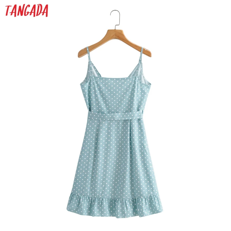

Tangada Fashion Blue Dots Print Strap Dresses for Women 2021 Female Casual Ruffles Short Dress 1F241
