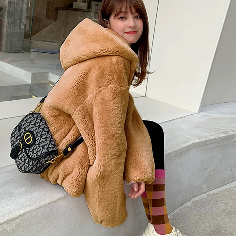 Faux Fur Jacket Women Furry Thick Hooded Baseball Uniform 2023 Winter Casual Loose Short Coat Ladies Luxury Blended Fur Jackets