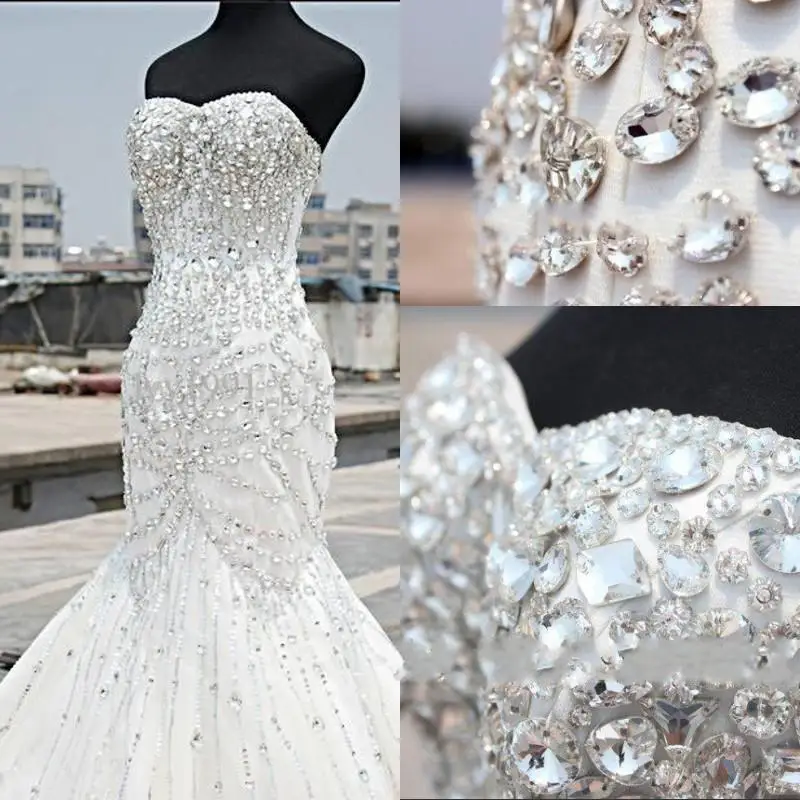 

Crystal Wedding Dresses Mermaid Sweetheart Floor Length Rhinestone Corset Plus Size Bridal Gowns Custom Made
