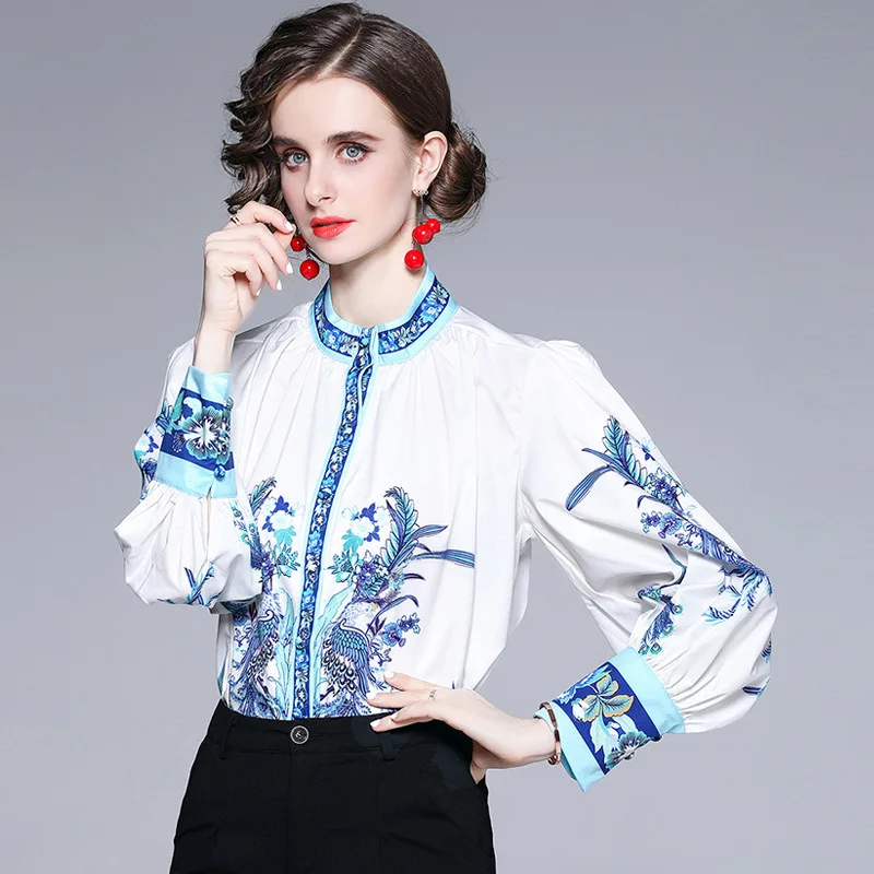 

Womens Stand-Up Collar Lantern Long-Sleeved Blue And White Porcelain Print Plus Shirt Vintage Elegant Palace Style Commuter Top